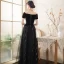 Abordable Noire Robe De Soirée 2020 Princesse Daim Ceinture Paillettes Manches Courtes Dos Nu Longue Robe De Ceremonie