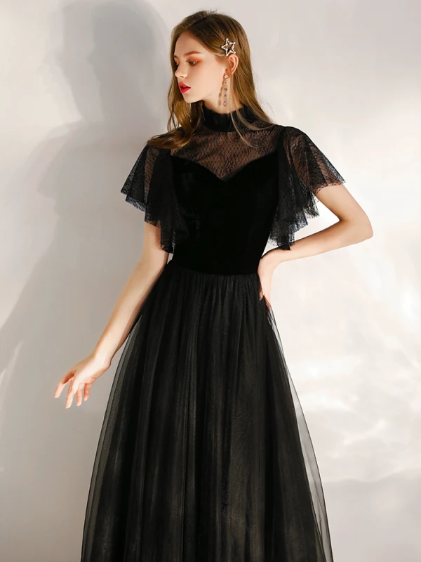 Chic / Beautiful Black Evening Dresses  2020 A-Line / Princess Suede High Neck Short Sleeve Floor-Length / Long Formal Dresses