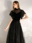 Chic / Beautiful Black Evening Dresses  2020 A-Line / Princess Suede High Neck Short Sleeve Floor-Length / Long Formal Dresses
