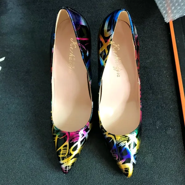Amazing / Unique Black Doodle Rave Club Pumps 2020 Patent Leather 12 cm Stiletto Heels Pointed Toe Pumps