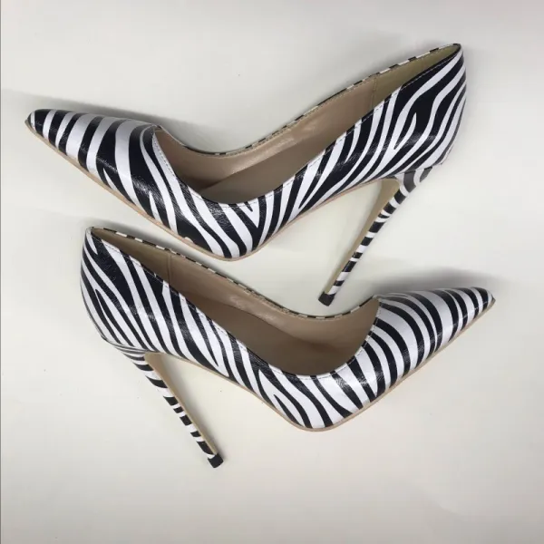 Mode Schwarz Weiß Freizeit Zebramuster Pumps 2020 12 cm Stilettos Spitzschuh Pumps