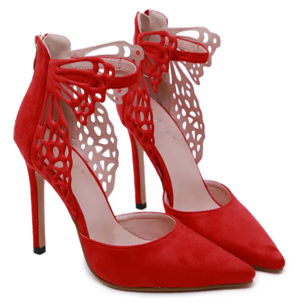 Hermoso Negro Noche Sandalias De Mujer 2020 mariposa Correa Del Tobillo 11 cm Stilettos / Tacones De Aguja Punta Estrecha High Heels