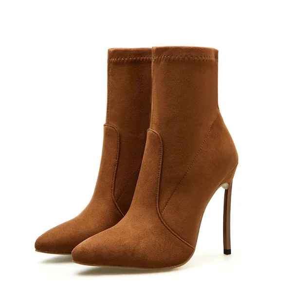 Affordable Black Casual Winter Womens Boots 2020 Suede 11 cm Stiletto Heels Pointed Toe Boots