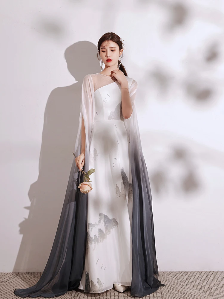 Chinese style Gradient-Color Ivory Printing Evening Dresses 2021 A-Line Princess Scoop