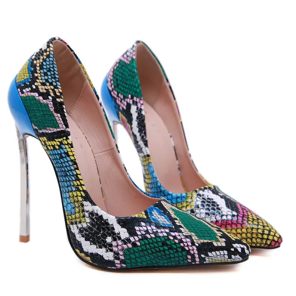 Schöne Multifarben Abend Pumps 2020 Schlangenhautmuster 13 cm Stilettos Spitzschuh Pumps