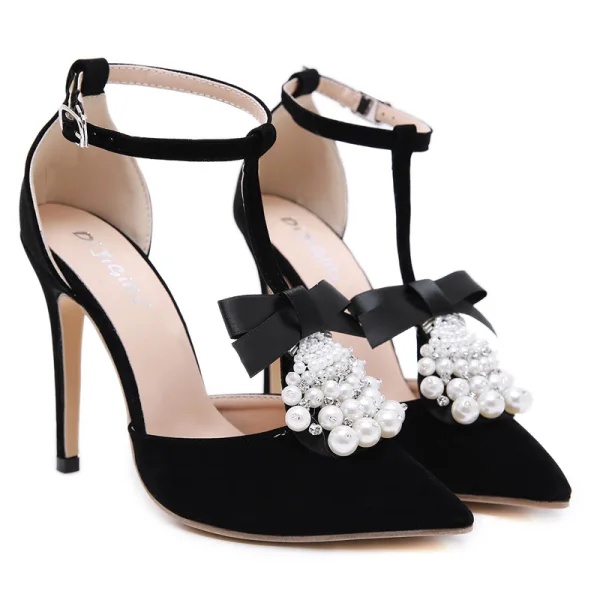Mode Schwarz Abend Damenschuhe 2020 Perle Schleife 12 cm Stilettos Spitzschuh Hochhackige