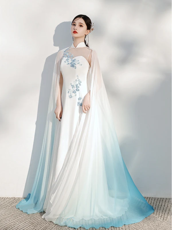Chinese style Ivory Silk Cheongsam Qipao Evening Dresses 2021 A-Line Princess shawl Chinese style Ivory Silk Cheongsam Qipao Evening Dresses 2021 A-Line Princess shawl