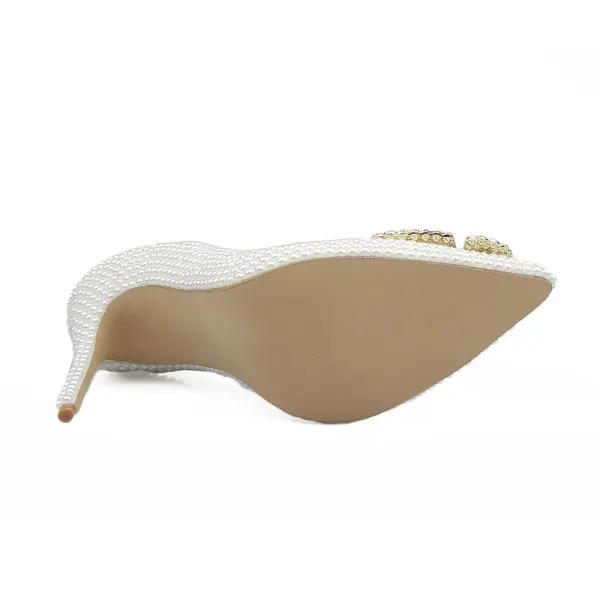 Mode Ivoire Perle Chaussure De Mariée 2020 Cuir Faux Diamant Papillon 10 cm Talons Aiguilles À Bout Pointu Mariage Escarpins