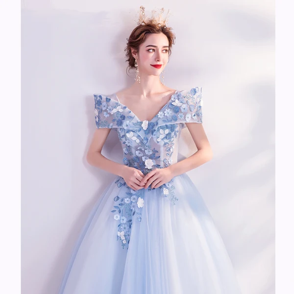 Fairytale Sky Blue Prom Dresses 2020 A-Line / Princess V-Neck Appliques Pearl Lace Flower Short Sleeve Backless Floor-Length / Long Formal Dresses