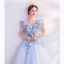 Fairytale Sky Blue Prom Dresses 2020 A-Line / Princess V-Neck Appliques Pearl Lace Flower Short Sleeve Backless Floor-Length / Long Formal Dresses