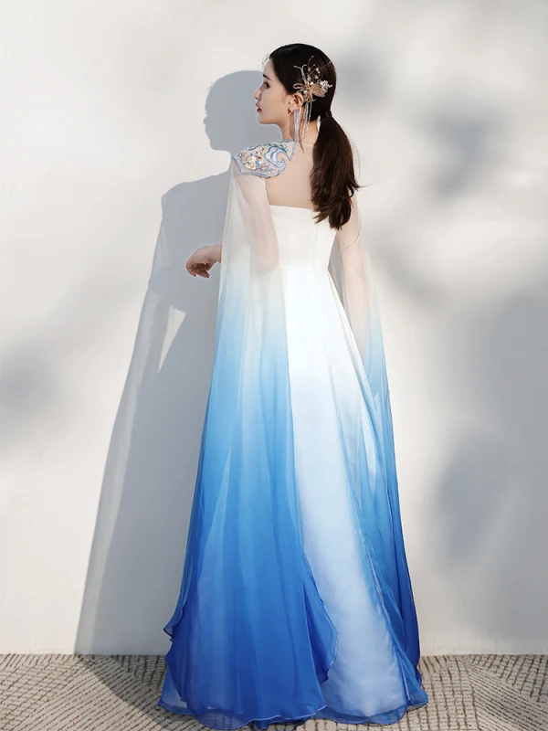 Chinese style Gradient-Color Pool Blue Silk Evening Dresses 2021 A-Line / Princess Scoop Neck Embroidered Short Sleeve Floor-Length / Long Evening Party Formal Dresses