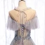 Charming Grey Prom Dresses 2020 A-Line / Princess Scoop Neck Beading Appliques Lace Flower Rhinestone Sequins Short Sleeve Backless Floor-Length / Long Formal Dresses