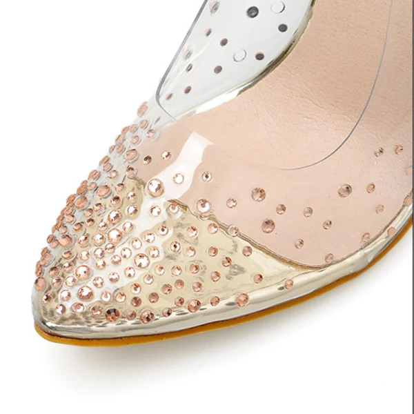 Transparent Gold Evening Party Rhinestone Pumps 2020 10 cm Stiletto Heels 10 cm / 4 inch Pointed Toe Pumps