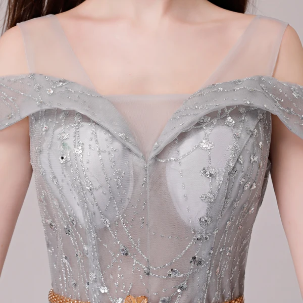 Elegante Silber Abendkleider 2018 A Linie Glanz Pailletten Metall Stoffgürtel Schultern Ärmellos Lange Festliche Kleider
