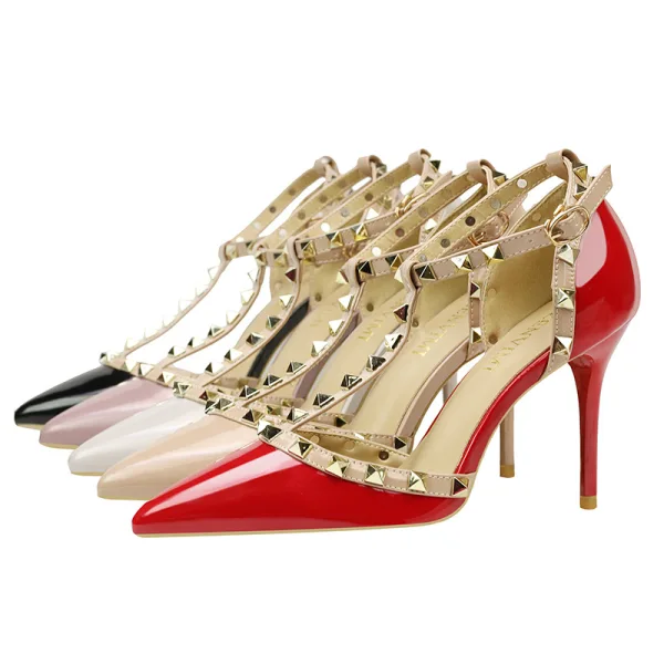 Fashion Red Evening Party Rivet Womens Sandals 2020 T-Strap 9 cm Stiletto Heels Pointed Toe Sandals