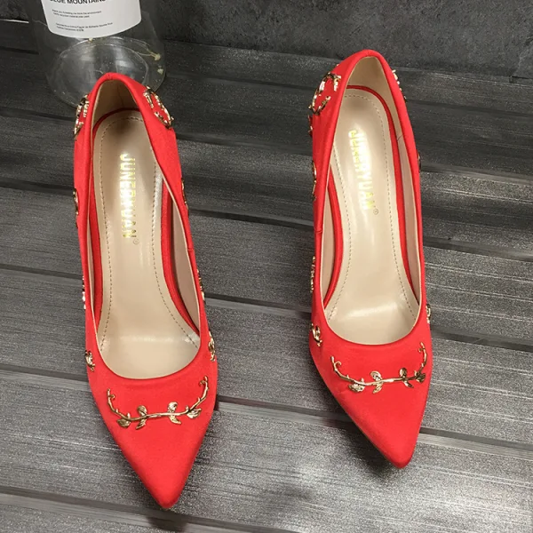 Schöne Champagner Freizeit Pumps 2020 Leder Satin 9 cm Stilettos Spitzschuh Pumps