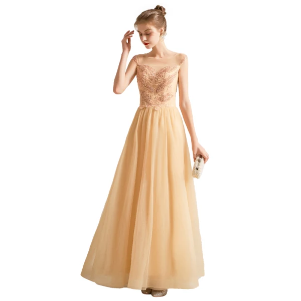 Chic / Beautiful Yellow Prom Dresses 2021 A-Line / Princess Scoop Neck Sleeveless Beading Pearl Sequins Floor-Length / Long Prom Formal Dresses