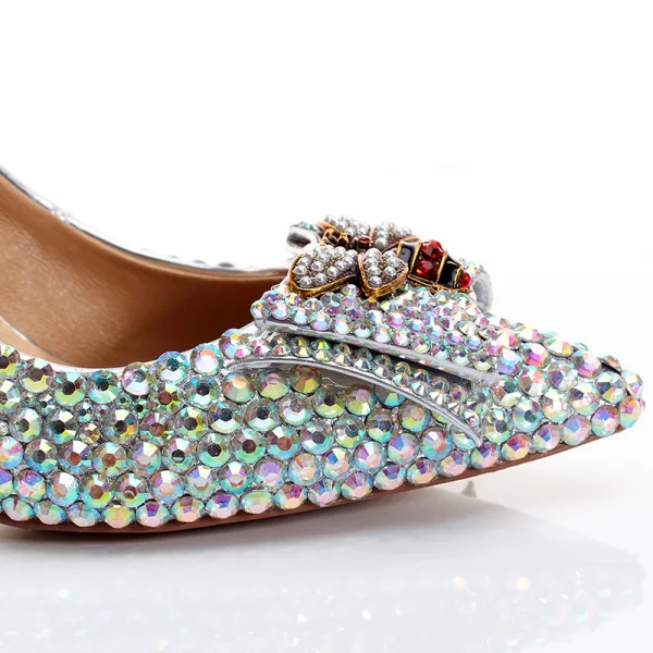 Charming Silver Wedding Shoes 2020 Leather Rhinestone Butterfly 8 cm Stiletto Heels Pointed Toe Wedding Pumps