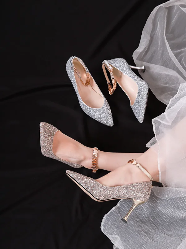 Scintillantes Or Rose Paillettes Chaussure De Mariée 2020 8 cm Talons Aiguilles À Bout Pointu Mariage Escarpins