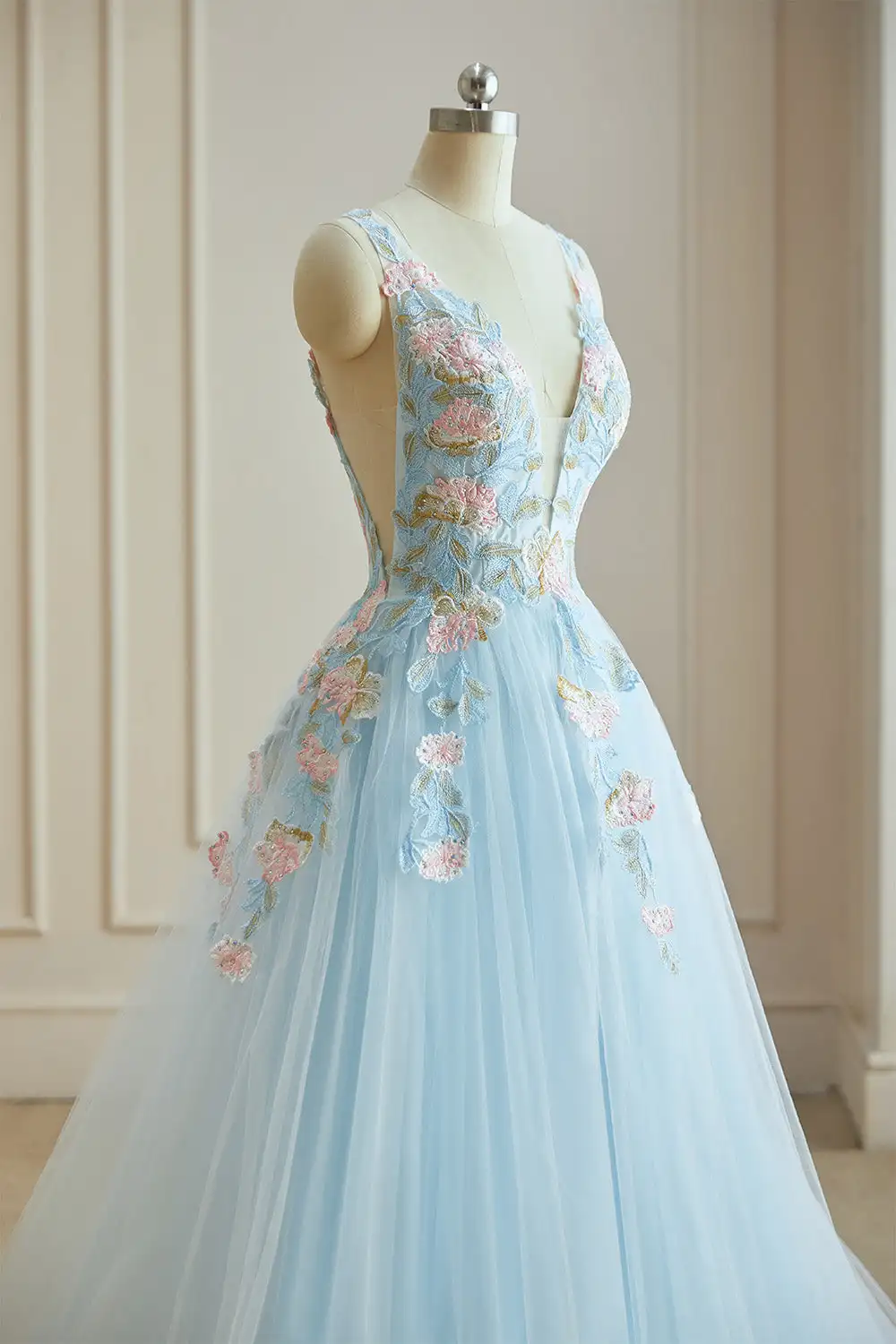 open lace back dress Stunning Blue Princess Tiered Long Prom Dresses With Lace Ruffles, MP921