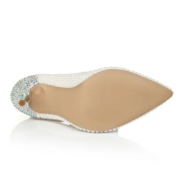 Charmant Ivory / Creme Perle Brautschuhe 2020 Leder Strass T-Riemen 10 cm Stilettos Spitzschuh Pumps