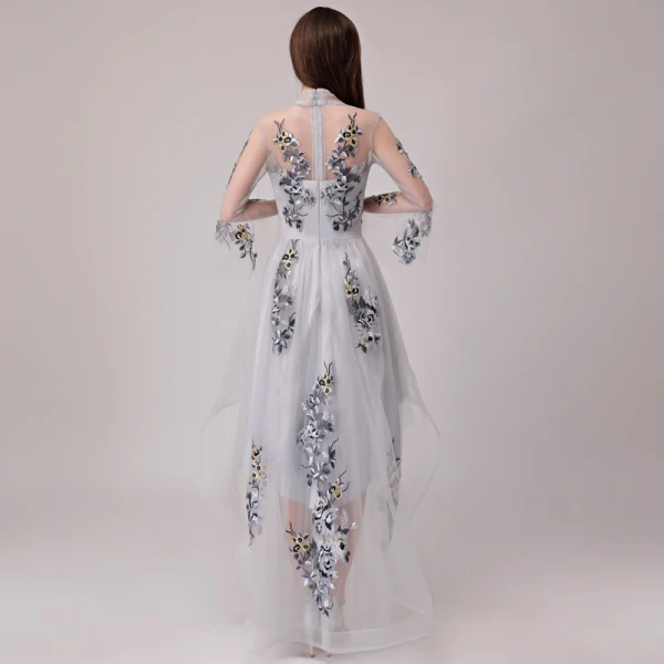 High Low Grey Cocktail Dresses 2018 A-Line / Princess Lace Appliques Asymmetrical High Neck 3/4 Sleeve Formal Dresses