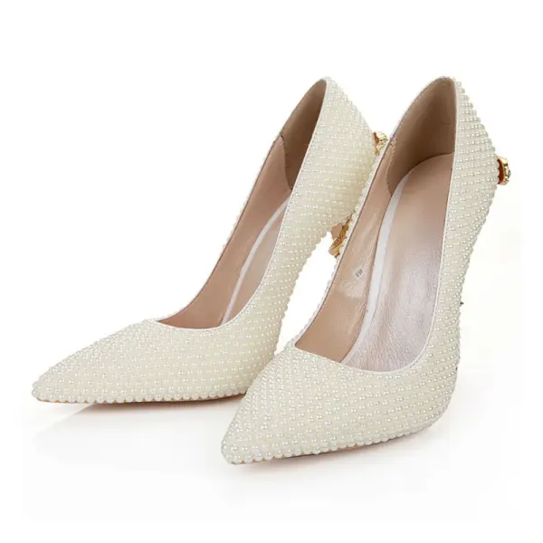 Mode Ivoire Perle Chaussure De Mariée 2020 Cuir 11 cm Talons Aiguilles À Bout Pointu Mariage Escarpins