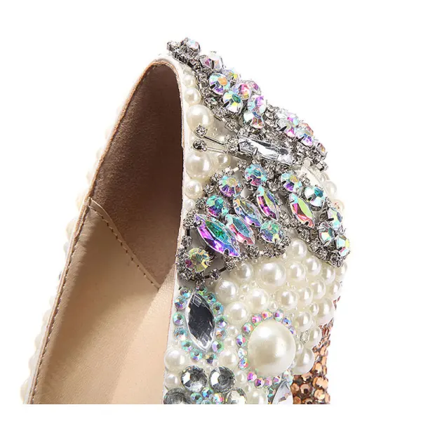 Eleganckie Kość Słoniowa Kryształ Buty Ślubne 2020 Skórzany Perła Rhinestone 11 cm Szpilki Szpiczaste Ślub Czółenka