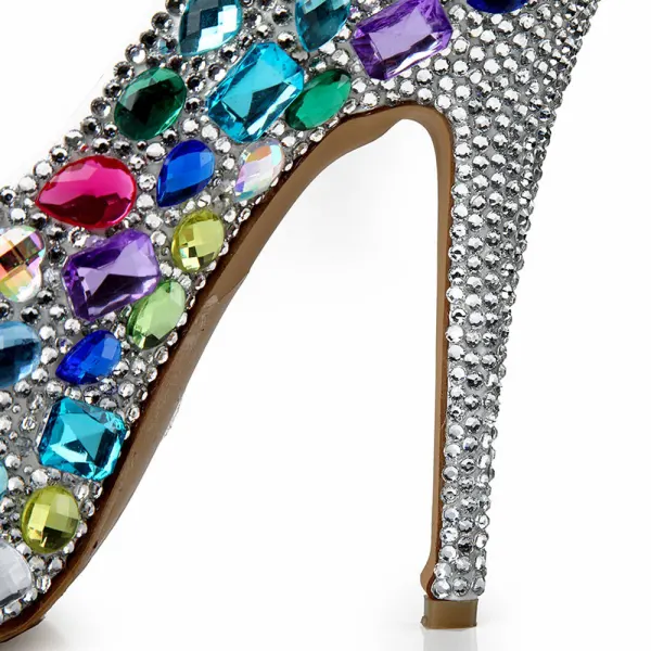 Chic / Belle Multi-Couleurs Soirée Escarpins 2020 Cuir Faux Diamant 14 cm Talons Aiguilles À Bout Rond Escarpins