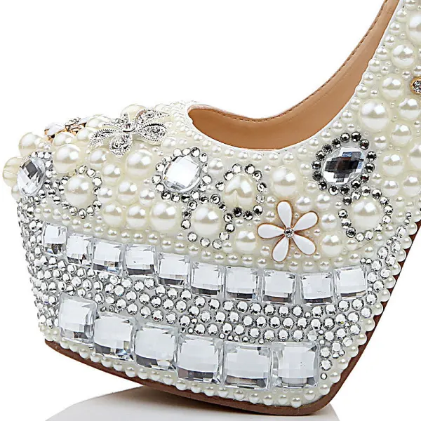 Charmant Ivory / Creme Brautschuhe 2020 Leder Perle Kristall Strass 15 cm Stilettos Runde Zeh Hochzeit Pumps