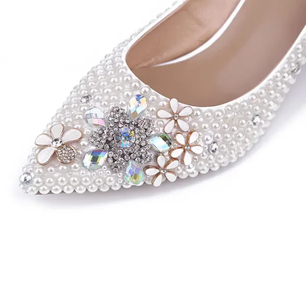 Moda Kość Słoniowa Perła Buty Ślubne 2020 Skórzany Rhinestone 6 cm Szpilki Szpiczaste Ślub Czółenka