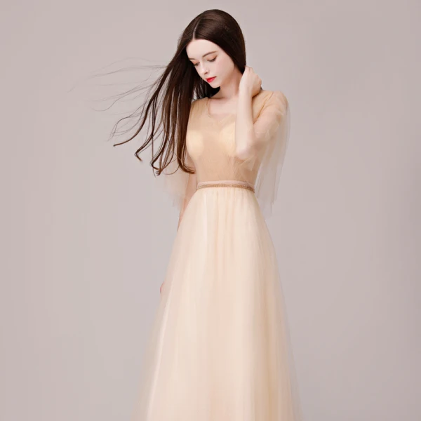 Chic / Beautiful Champagne Evening Dresses 2018 A-Line / Princess Metal Sash V-Neck Backless 1/2 Sleeves Floor-Length / Long Formal Dresses