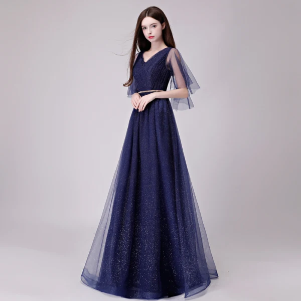Chic / Belle Bleu Marine Robe De Soirée 2018 Princesse Glitter Métal Ceinture V-Cou Dos Nu 1/2 Manches Longue Robe De Ceremonie