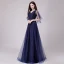 Chic / Belle Bleu Marine Robe De Soirée 2018 Princesse Glitter Métal Ceinture V-Cou Dos Nu 1/2 Manches Longue Robe De Ceremonie