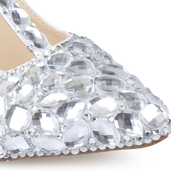 Charmant Silber Kristall Brautschuhe 2020 Leder Strass T-Riemen 11 cm Stilettos Hochzeit Spitzschuh Pumps