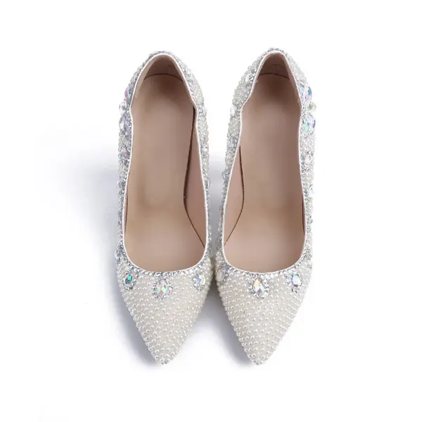 Fashion Ivory Pearl Wedding Shoes 2020 Leather Crystal 10 cm Stiletto Heels Pointed Toe Wedding Pumps