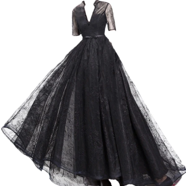 Modest / Simple Vintage / Retro Black Prom Dresses 2021 A-Line / Princess V-Neck Beading Lace Flower Short Sleeve Backless Floor-Length / Long Evening Party Formal Dresses