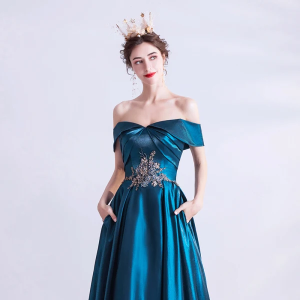 Vintage / Originale Bleu D'encre Robe De Soirée 2020 Princesse De l'épaule Perlage Perle En Dentelle Fleur Manches Courtes Dos Nu Longue Robe De Ceremonie