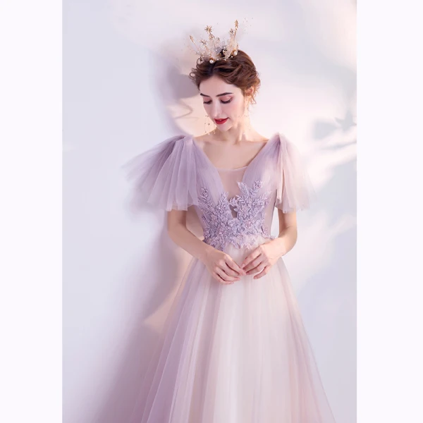 Elegant Purple Evening Dresses 2020 A-Line / Princess V-Neck Backless Pearl Crystal Sequins Lace Flower Short Sleeve Floor-Length / Long Formal Dresses