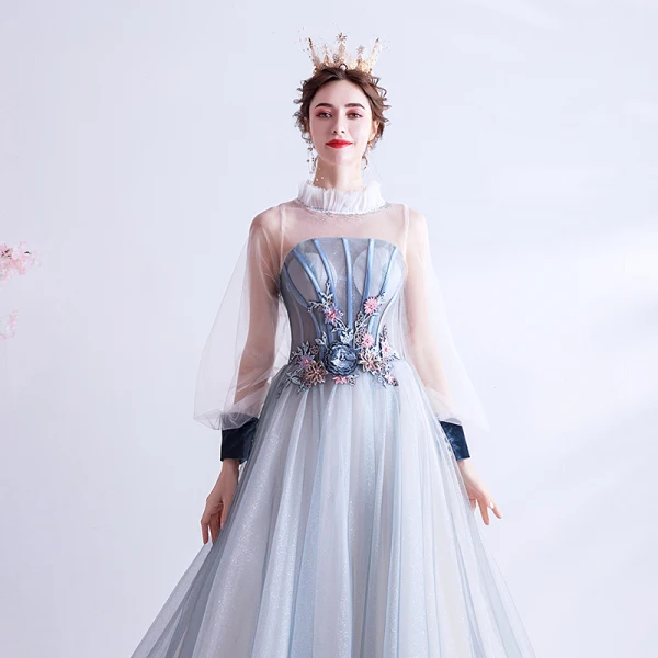 Vintage / Retro Flower Fairy Sky Blue Prom Dresses 2020 A-Line / Princess Ruffle High Neck Pearl Rhinestone Sequins Flower Lace Long Sleeve Backless Court Train Formal Dresses