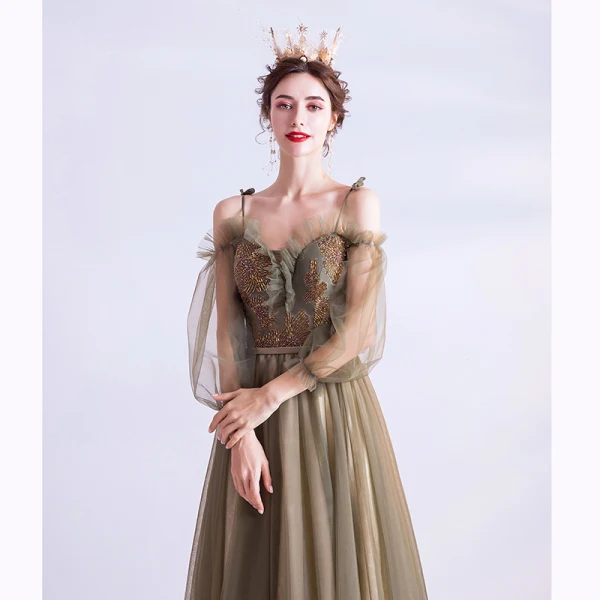 Vintage / Retro Clover Green Prom Dresses 2020 A-Line / Princess Spaghetti Straps Beading 3/4 Sleeve Backless Floor-Length / Long Formal Dresses