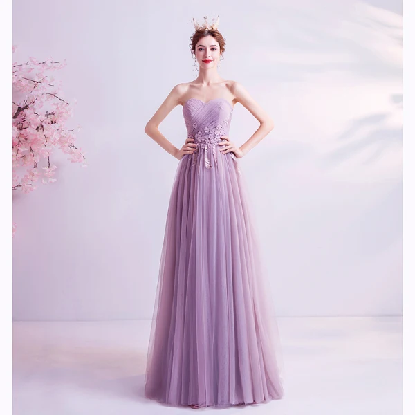 Charmant Lilas Robe De Soirée 2020 Princesse Bustier Perlage Paillettes Cristal Appliques En Dentelle Fleur Sans Manches Dos Nu Longue Robe De Ceremonie