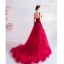 Chic Rouge Robe De Soirée 2020 Princesse V-Cou Perlage Appliques Noeud Sans Manches Dos Nu Tribunal Train Robe De Ceremonie