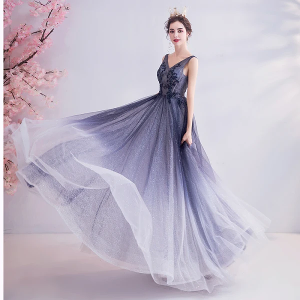 Charmant Bleu Marine Robe De Soirée 2020 Princesse V-Cou Glitter Perlage Paillettes En Dentelle Fleur Sans Manches Dos Nu Longue Robe De Ceremonie