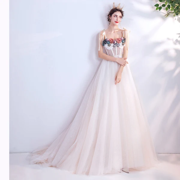 Flower Fairy Ivory Prom Dresses 2020 A-Line / Princess Spaghetti Straps Appliques Sleeveless Backless Sweep Train Formal Dresses