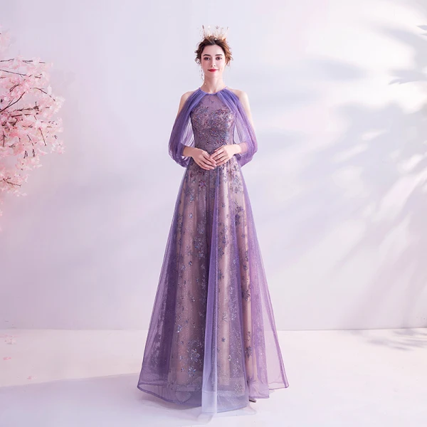 Charmant Lavande Robe De Soirée 2020 Princesse Encolure Dégagée Glitter Perlage Paillettes Cristal Sans Manches Dos Nu Longue Robe De Ceremonie