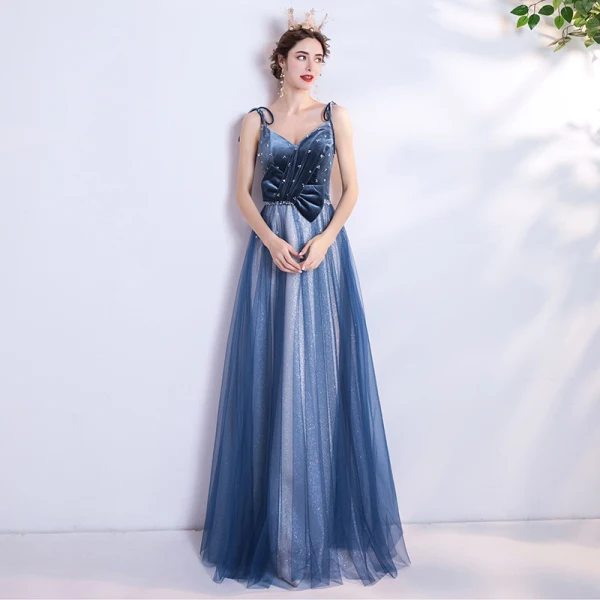 Chic / Belle Océan Bleu Robe De Soirée 2020 Princesse Bretelles Spaghetti Glitter Perlage Daim Sans Manches Dos Nu Longue Robe De Ceremonie