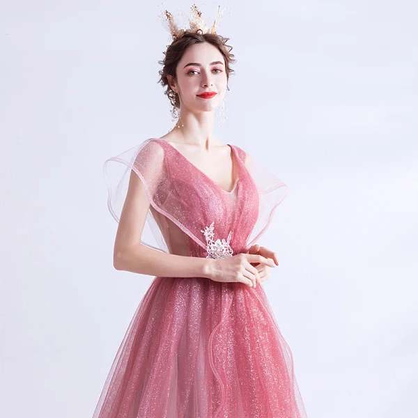 Fashion Candy Pink Gradient-Color Evening Dresses  2020 A-Line / Princess V-Neck Glitter Rhinestone Lace Flower Sleeveless Backless Sweep Train Formal Dresses