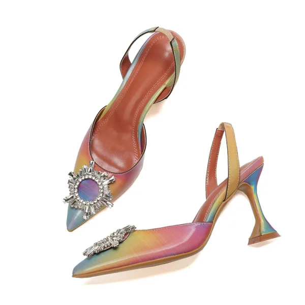 Fashion Rainbow Multi-Colors Casual Womens Sandals 2020 Rhinestone 8 cm Stiletto Heels Pointed Toe Sandals