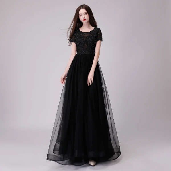 Chic / Belle Noire Robe De Soirée 2018 Princesse En Dentelle Appliques Paillettes Encolure Dégagée Dos Nu Manches Courtes Longue Robe De Ceremonie